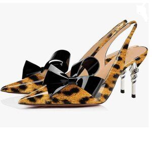 FOWT Leopard Pointed Toe Slingback Slip on Dress Pumps Stiletto Heels Bow Sandal